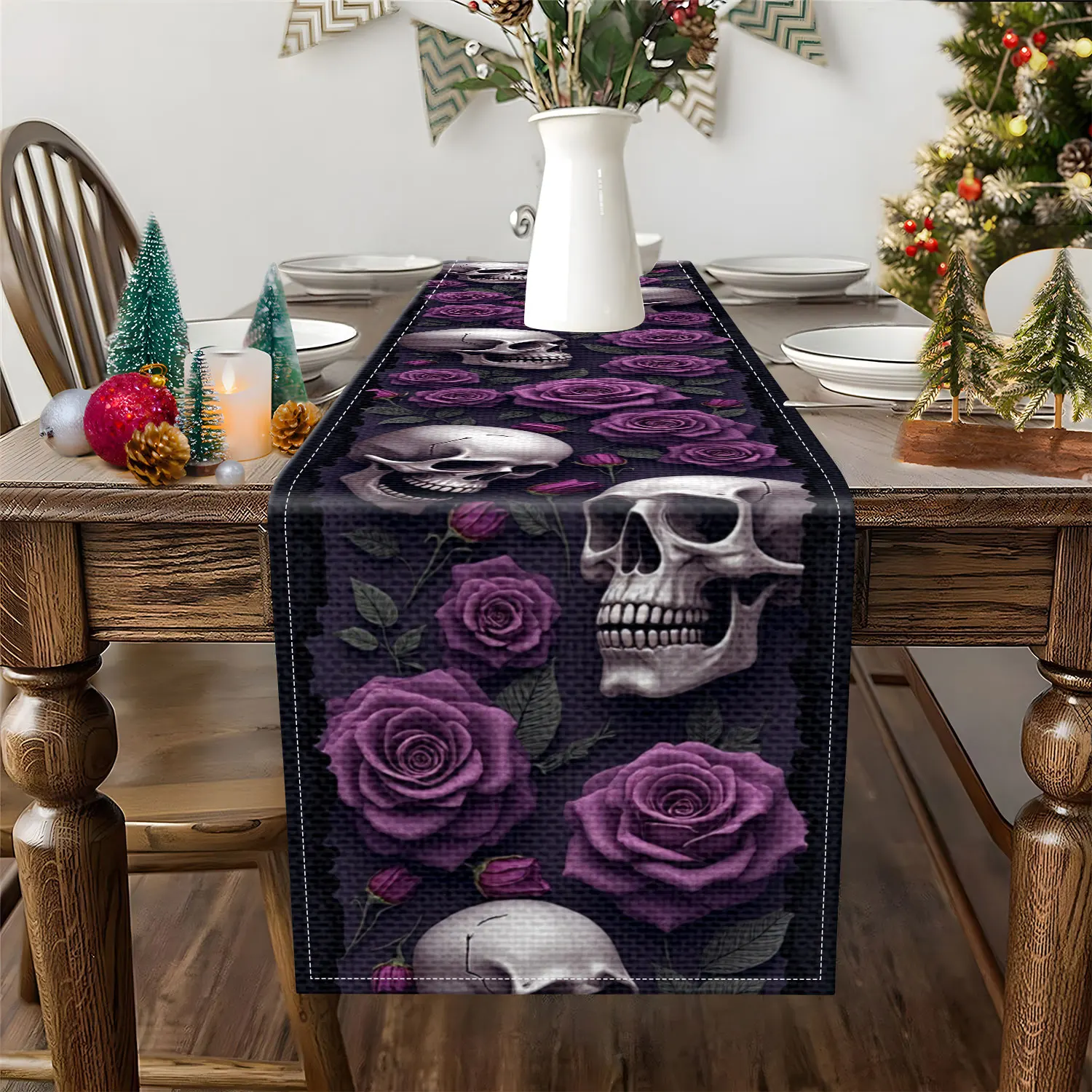 1 Piece of Dark Gothic Style Table Runner, Decorated with Purple Roses, Skull Heads, and Branch Leaf Patterns, Suitable for Halloween Parties and Gothic Themed Decorations