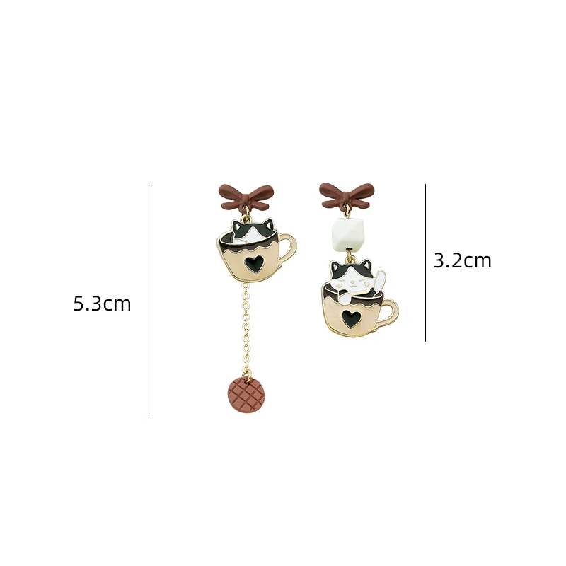 Cute Teacup Kitten Clip on Earrings for Women Girls Long Tassel Enamel Cartoon Cat In The Coffee Cup No Piercing Clip Earrings