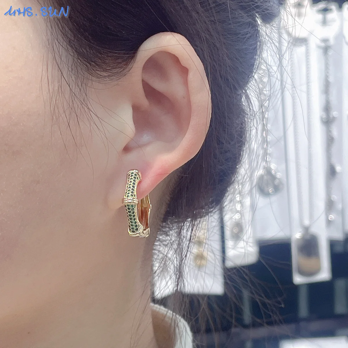 MHS.SUN Luxury Geometry Bamboo Hoop Earrings Gold Plated Zircon Circle Huggie Copper Hiphop Jewelry For Women Girls Wedding Gift