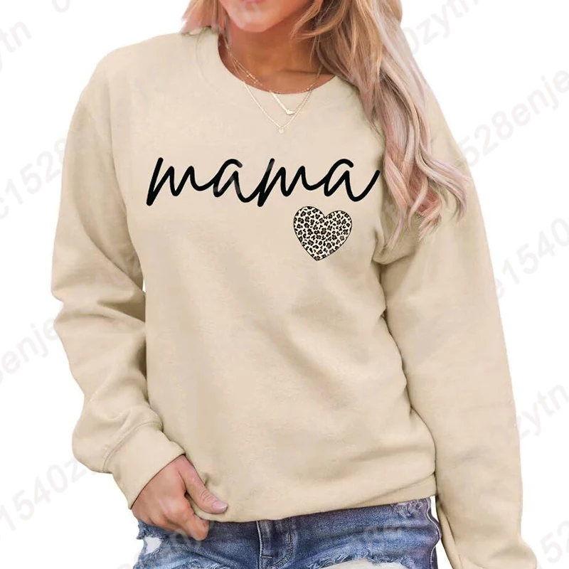 

Women Long Sleeve Mama & Leopard Heart Print Sweatshirts Round Neck Pullover Loose Casual Tops, Oversized Sweatshirt For Women