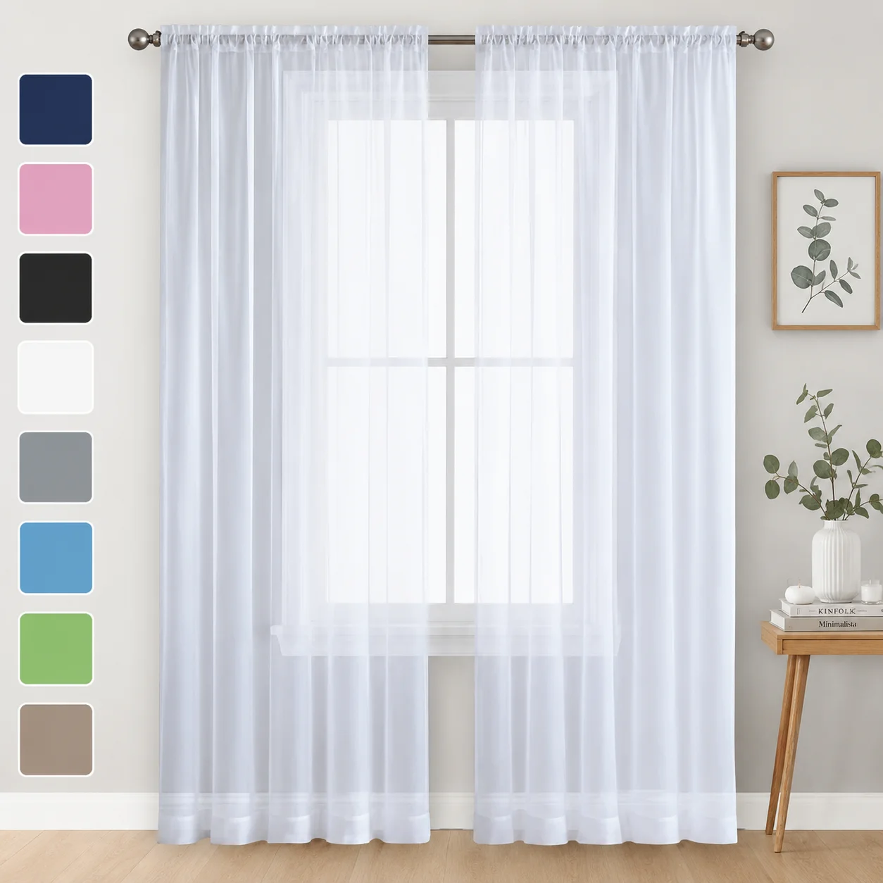 2pcs Solid Color Polyester Sheer Curtains, Rod Pocket Voile Window Panels for Living Room Bedroom French Window Home Decor