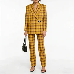 Straight Women's Suits Plaid Notch Lapel 2 Piece Jacket Pants Sets Formal Office Lady Female Clothing Customized Outfits 2026