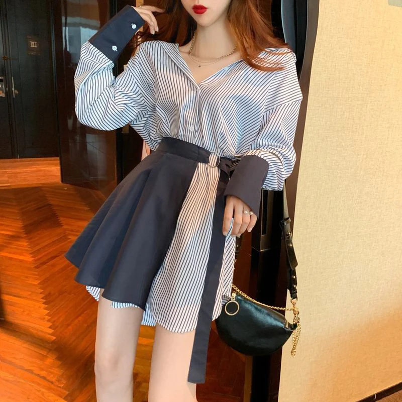 Spring Autumn Polo-neck Striped Patchwork Lace Up Shirt Dress Ladies Long Sleeve Loose Casual Vintage Blouse Women Cardigan Top