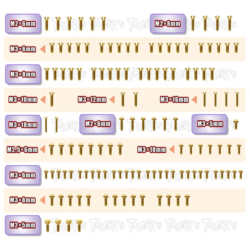 

Original T works GSS-BD11 Gold Plated Steel Screw Set 128pcs. ( For Yokomo BD11 )ssional Rc part