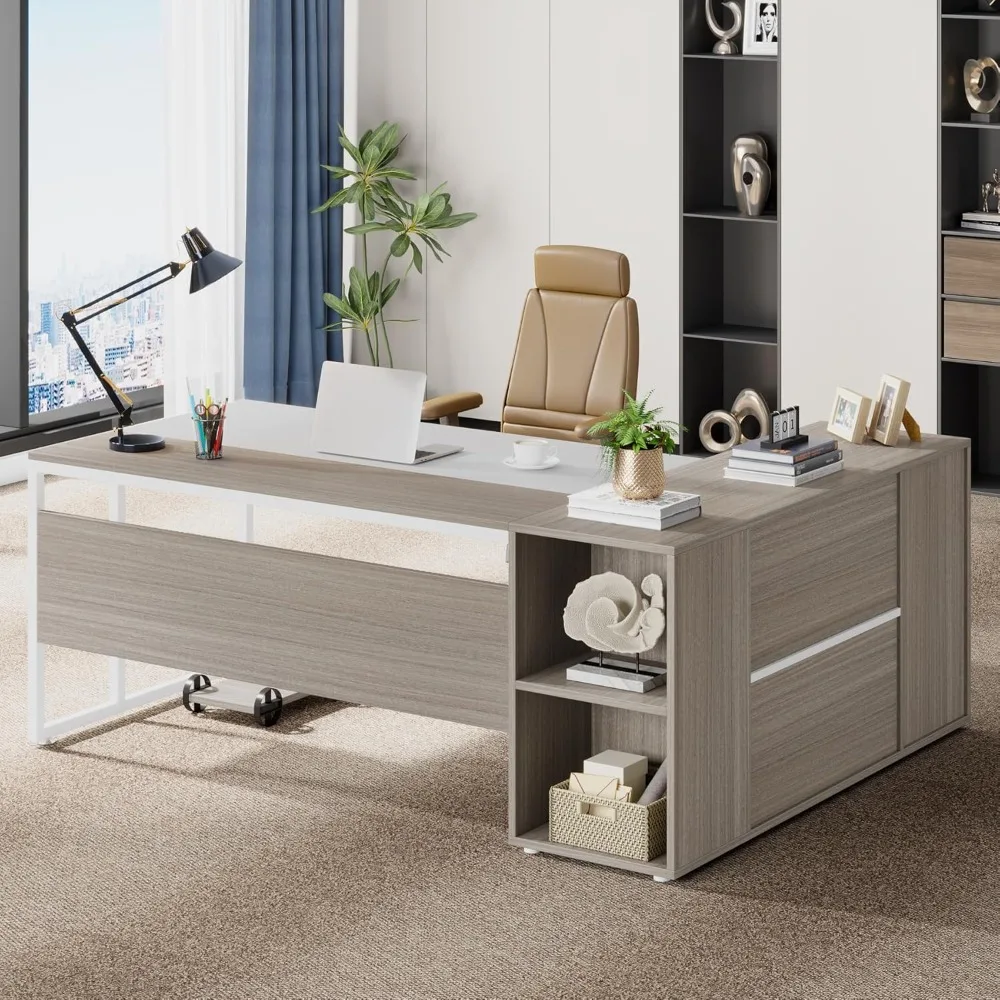 

71 inch administrative desk, L-shaped desk with cabinets, shelves, business furniture