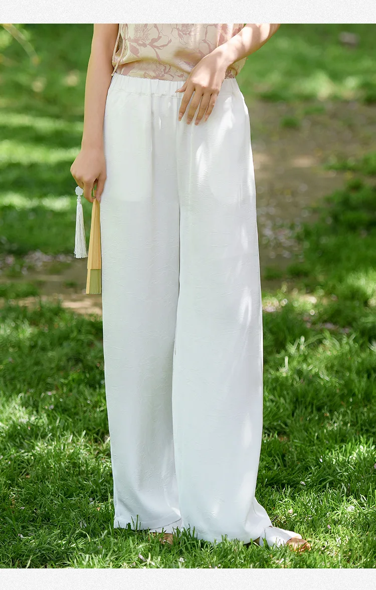 New Chinese Style Women Summer Thin Faux Acetate Wide Leg Pants Women Fall High Waist Slim Straight Lean Casual Pants