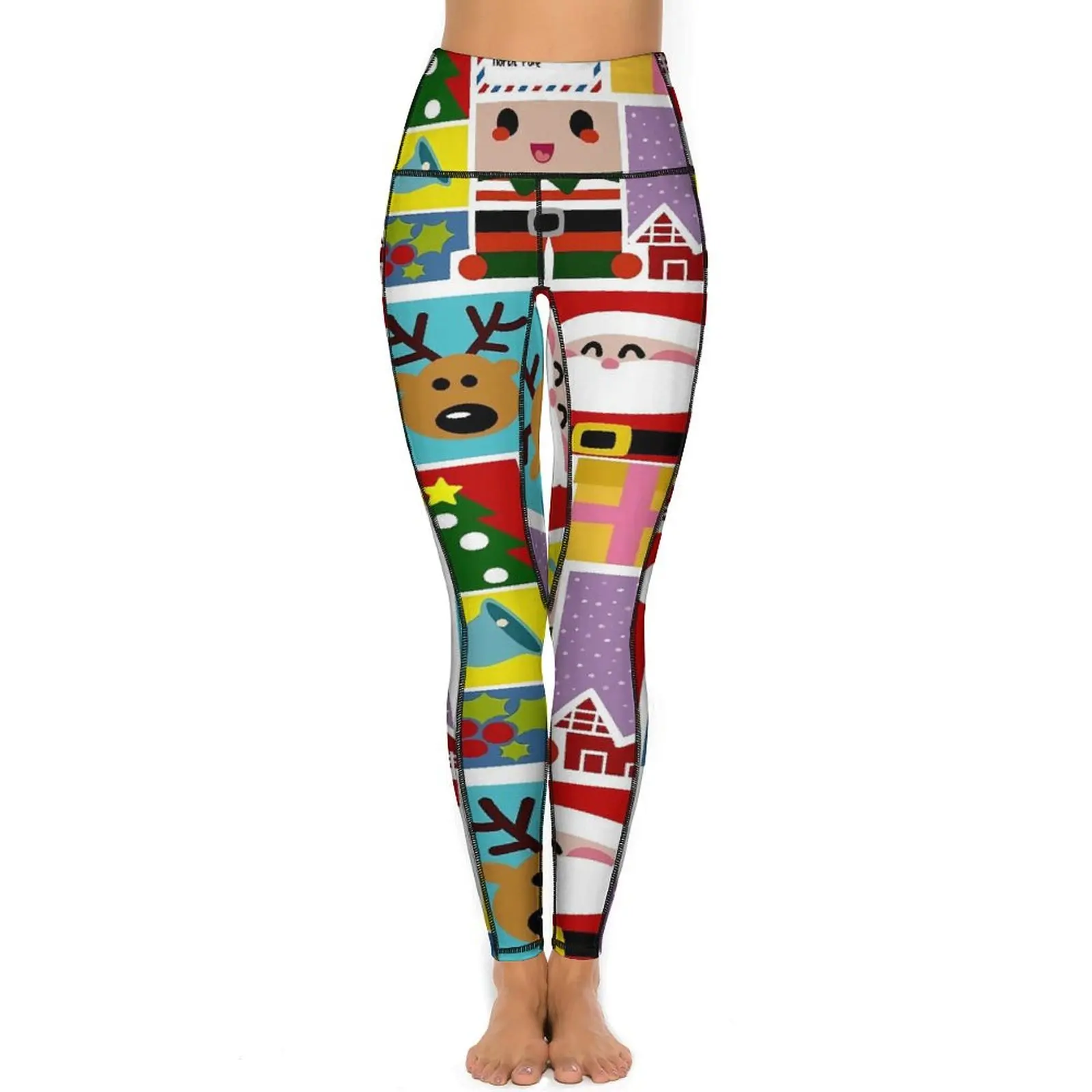 Christmas Yoga Pants Pockets Xmas Element Patchwrok Leggings Sexy High Waist Novelty Yoga Sports Tights Stretch Work Out Leggins