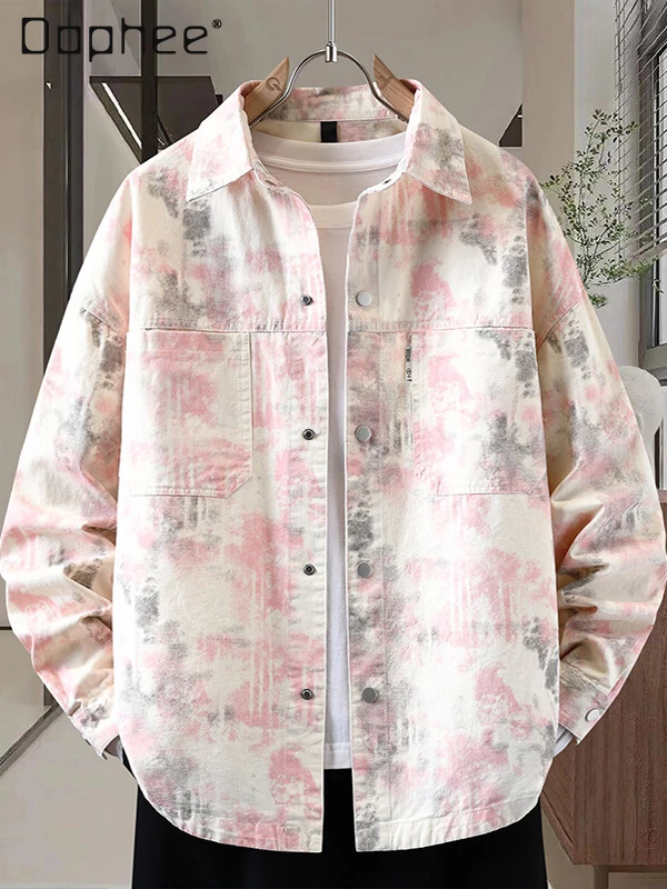 

2025 Spring and Autumn New Men's Blue Gray Pink Long Sleeve Shirt American Retro Loose Casual Tie-Dye White Apricot Denim Jacket