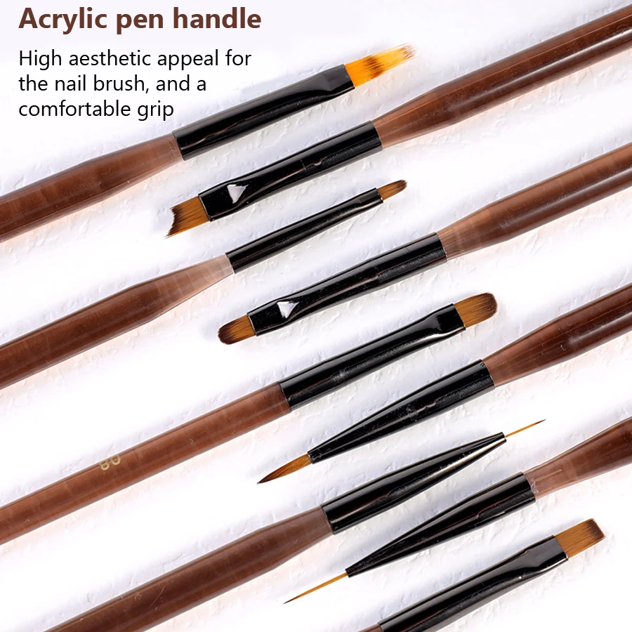 9Pcs Nail Brush Set Fine Line Painting Detail Work Pens Stylish Brown Handles Gel Nail Art Tool Kit for Professional & Home Use