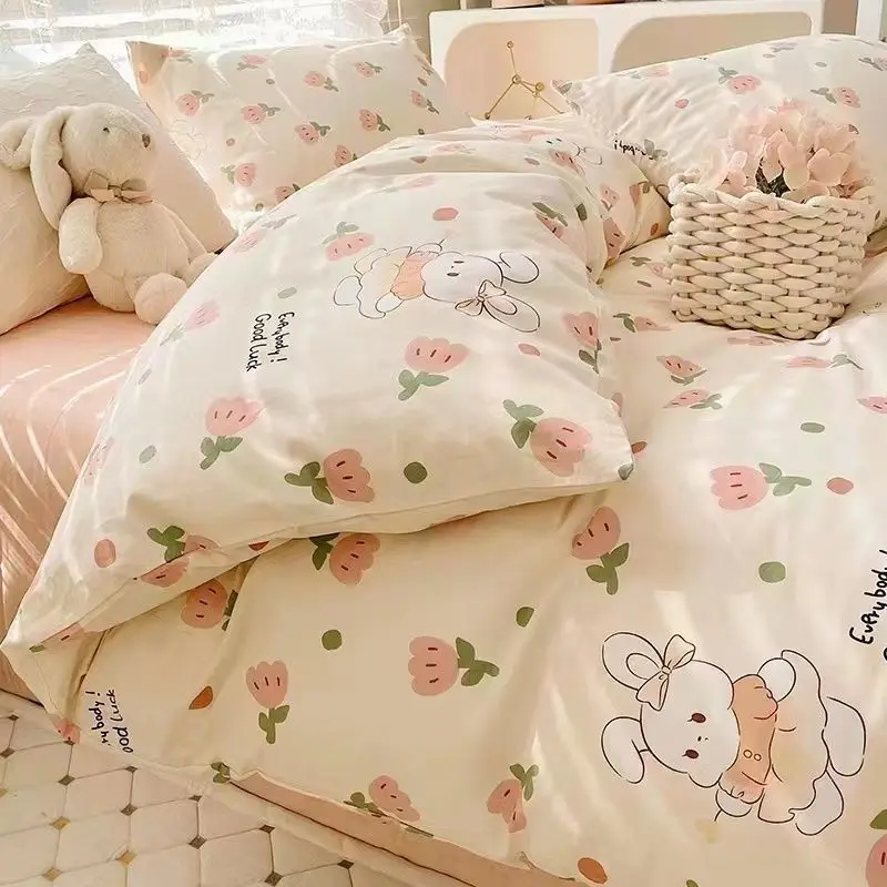 Juego de ropa de cama sin relleno para niños, funda nórdica de dibujos animados Kawaii, Sábana plana, funda de almohada, ropa de cama suave,