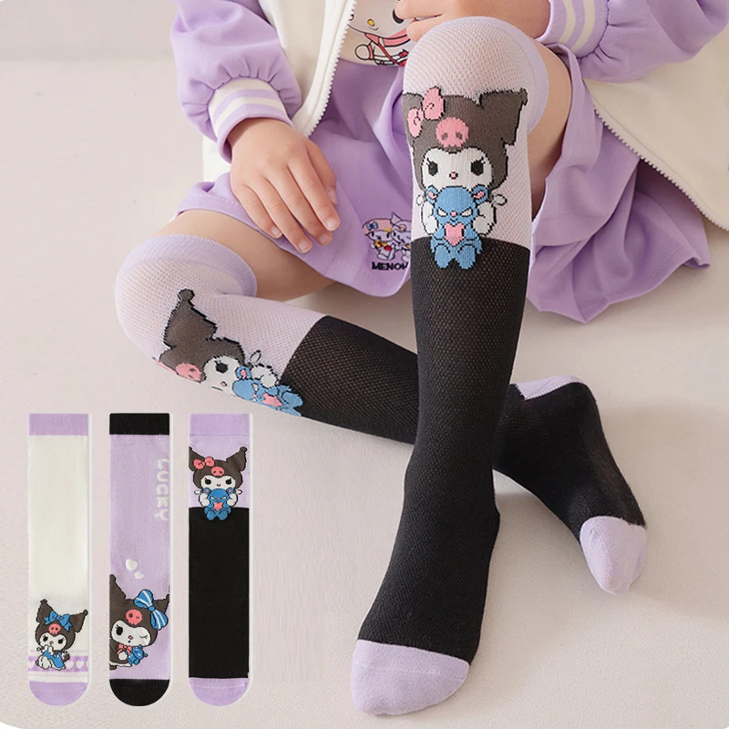 

3 пары хлопковых носков Sanrio Kuromi с героями мультфильмов для девочек, летние мягкие удобные дышащие носки до колена Kawaii для маленьких девочек
