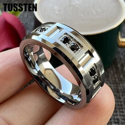TUSSTEN 8MM Cool Men's Promise Wedding Band Tungsten Steel Combination Rings For Boyfriend Husband Black CZ Inlay New Arrivals