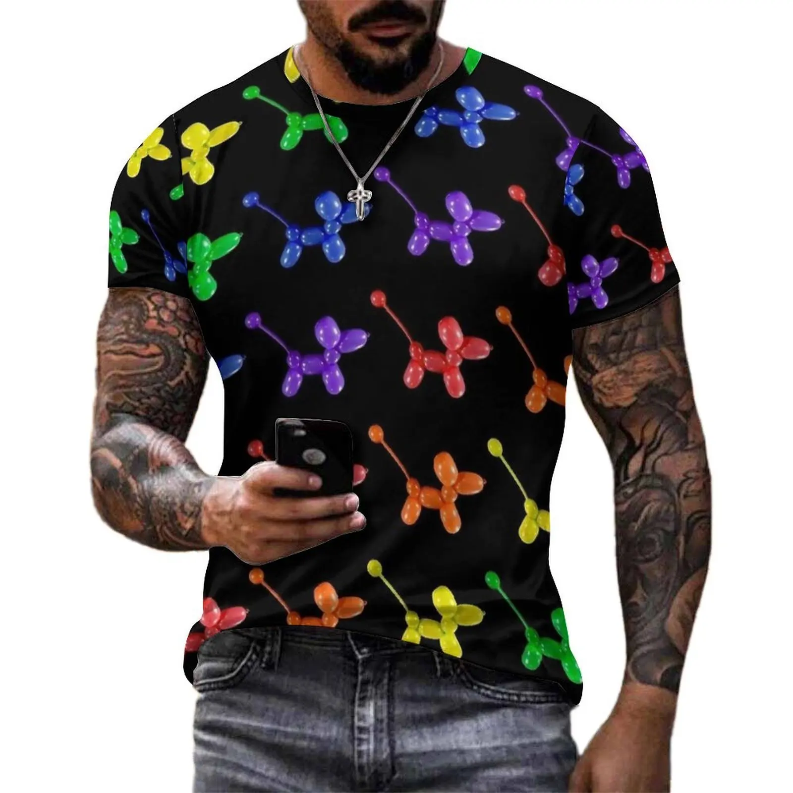 Rainbow Balloon Animal Black Print T-Shirt  Hip Hop T Shirts Mens Classic Tee Shirt Summer Short Sleeve Design Clothing 5XL 6XL