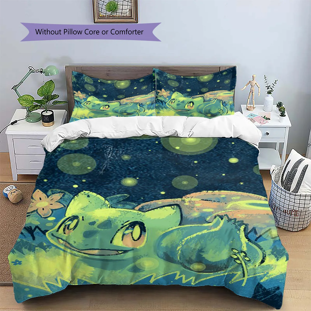 Bulbasaur Patterned Pillowcase & Duvet Cover Set Bedroom Interior Bedding Special Gift for Anime Lovers.-TING