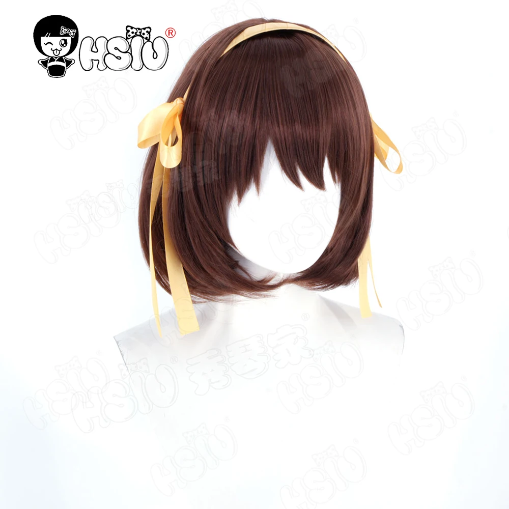 涼宮ハルヒコスプレウィッグ HSIU 35 センチメートルダークブラウンショートヘア髪耐熱ウィッグ + ウィッグキャップアニメ涼宮ハルヒコスプレウィッグ
