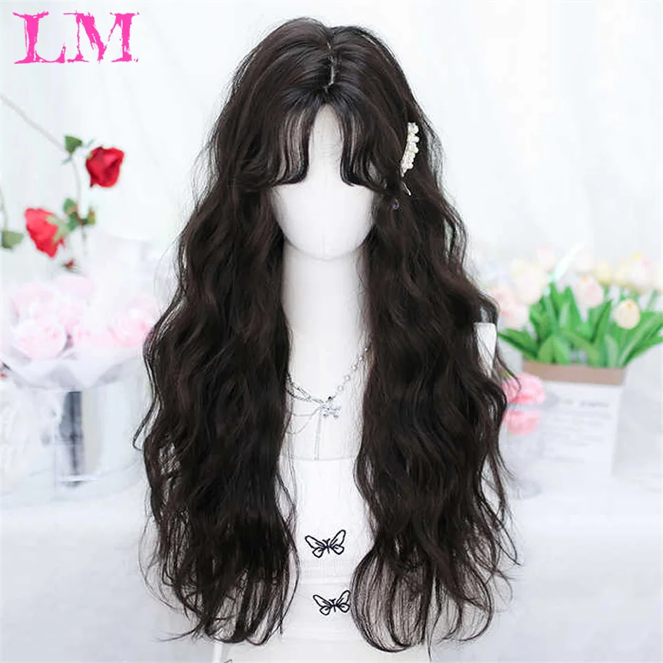 LM Brown Ash Long Deep Wave Hair Lolita Wigs With Bangs Synthetic Wig For Women Fashion Thick Curls Wigs Girl