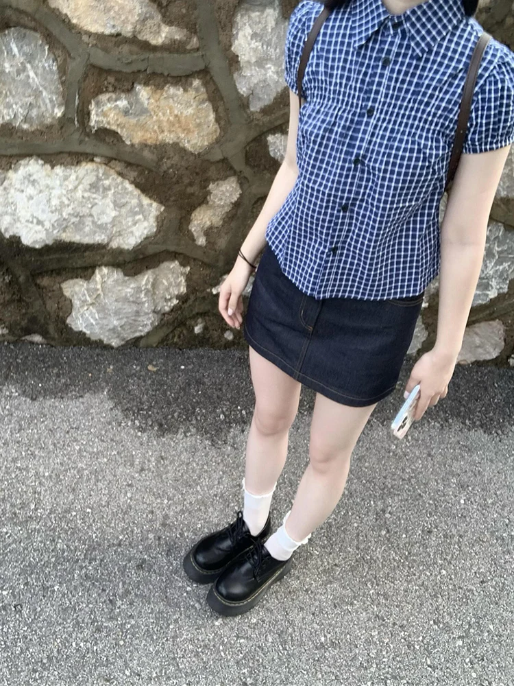 

Retro Korean Blue Plaid Ne ort Sve irt Women Summer High-End Bubble Sve Top Slim Fit Commute Sle Regular L...