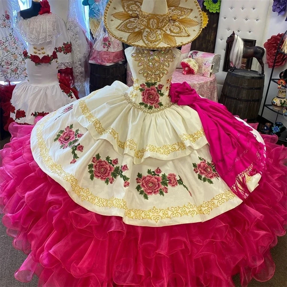 Фуксия, платья принцессы Quinceanera, бальное платье из органзы, оборки, аппликации, кристаллы, милые платья 16, 15 лет, мексиканские платья по индивидуальному заказу