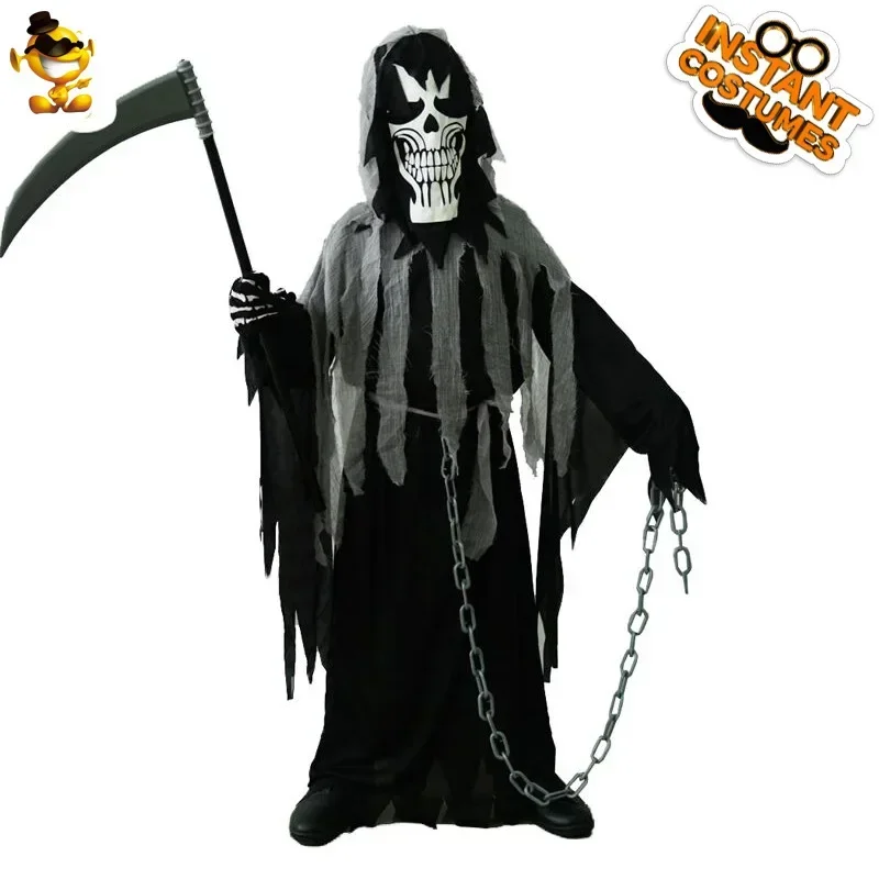 Halloween Enge Ghost Dark Death Cosplay Kostuum Kinderen Jongen Zwarte Gewaden Hoofdmasker Carnaval Toneelvoorstelling Verkleedpak 2024