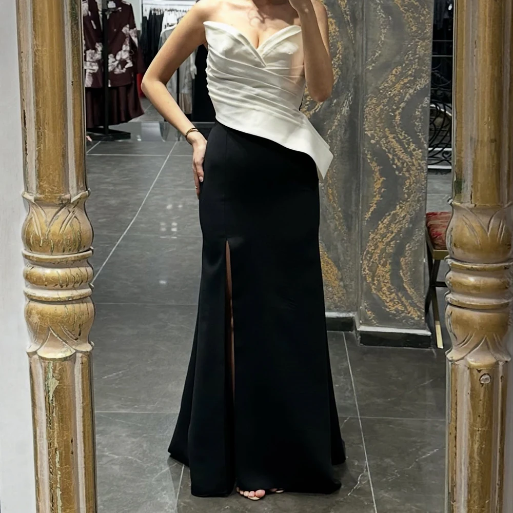 

Customized Mermaid Evening Dresses Floor-length Strapless Sleeveless Prom Gown Fashion Pleat Side-split Simple Draped Party Gown