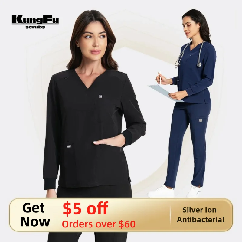 kungfu-scrubs-–-uniformes-medicaux-pour-femmes-ensemble-de-gommages-a-manches-longues-antibacterien-impermeable-avec-casquette-d'infirmiere-gratuite-automne-hiver