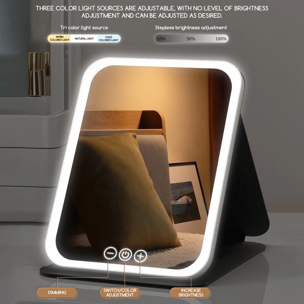 3 ألوان LED مرآة مكياج سطح المكتب مع النساء الفاتح أنثى اللمسات المحمولة شاشة اللمسة مرآة ملء الضوء لغرفة نوم المنزل
