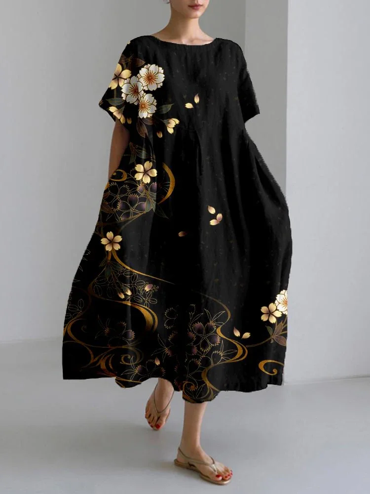 

2024 New Women's Round Neck Long Casual Dress Summer Large Size Fresh Fish Print Dress Street Vacation Short-sleeved Dress
