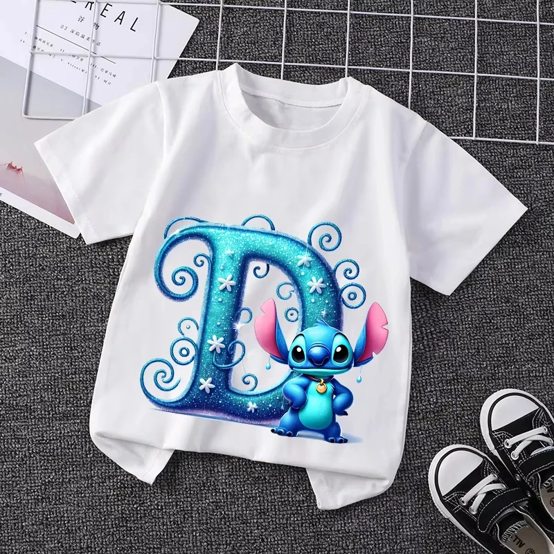 

Lilo Stitch Letter A-Z T-shirt for Children Cute Cartoon Short Sleeved Summer Top Fashion Kid Clothes Boy Girl Tee Birthday Gift