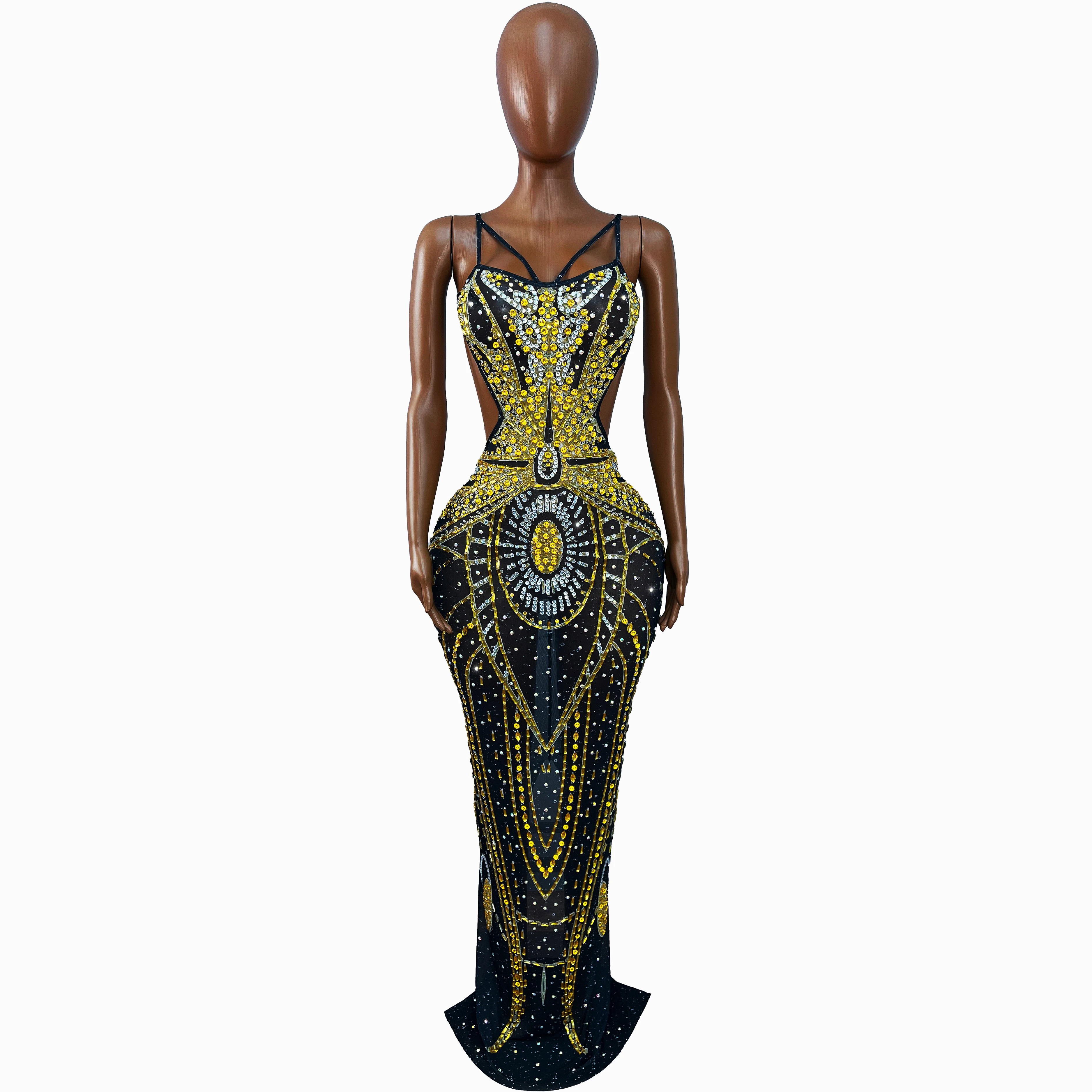 High-end Flashing Gold Rhinestones Hollow waist Mesh Suspenders Dress Evening Party Exquisite Gown Red carpet Outfit Heijinxian view 2