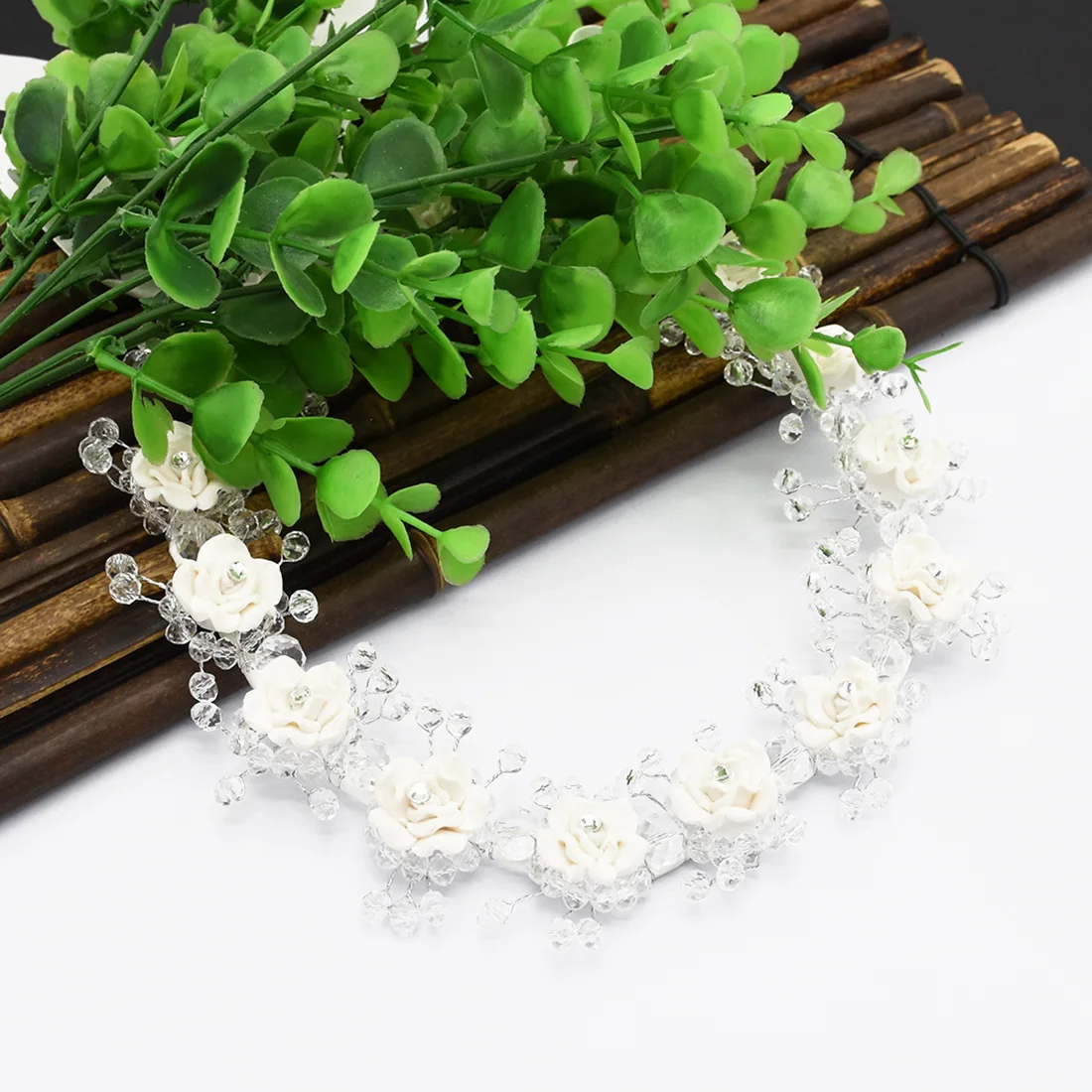 White Ceramic Flower Headband With Ribbon Wreath Wedding Party Ladies Girls Garlands Floral Crown Hairband TEN Elegant