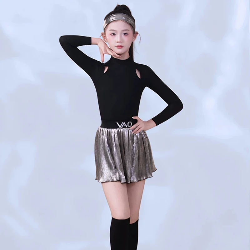 2026 Long Sleeve Latin Dance Suit Girl Performance Practice Wear Black Dance Leotard Silver Skirt Kid Rumba Training Set AMY4201