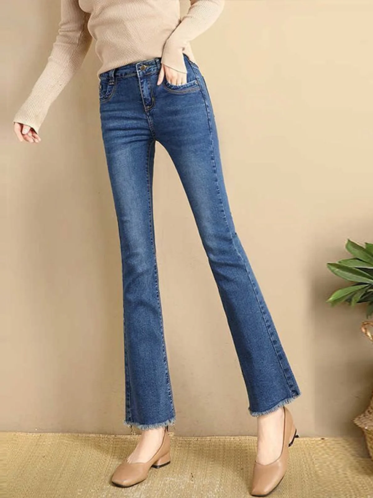 

High Waist Flared Jeans Women's Spring Autumn 2026 Slim Straight Small Size Fringed Nine Points Flared Pants