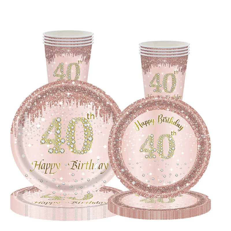 8Guests Pink Rose Gold Paper Tableware Cheer 40 Year Old Parti Plates Cups Queen Women Happy 40th Birthday Party Supplies