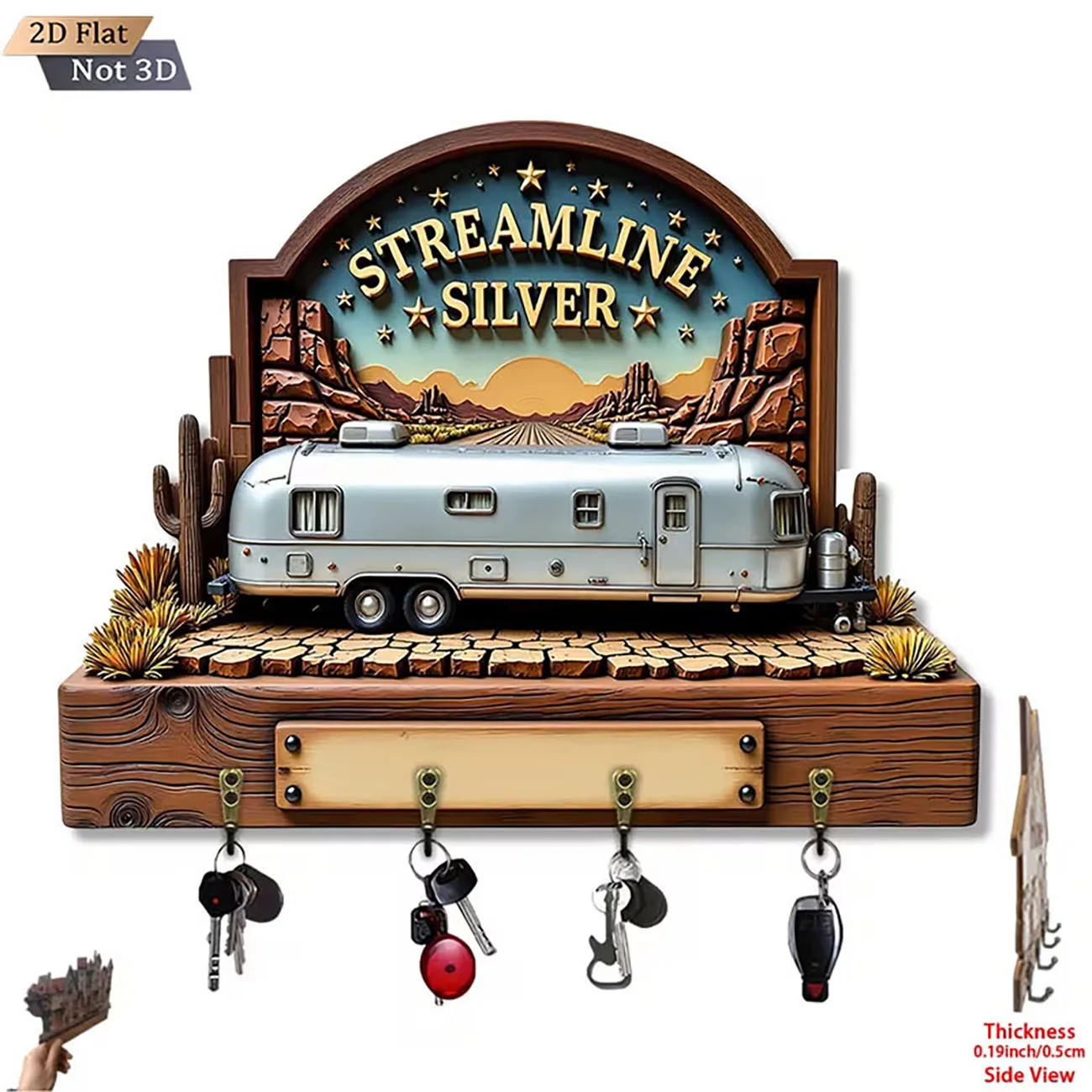 2D flat key holder with vintage camper trailer print, four hooks, western desert style wall decor for RV lovers.