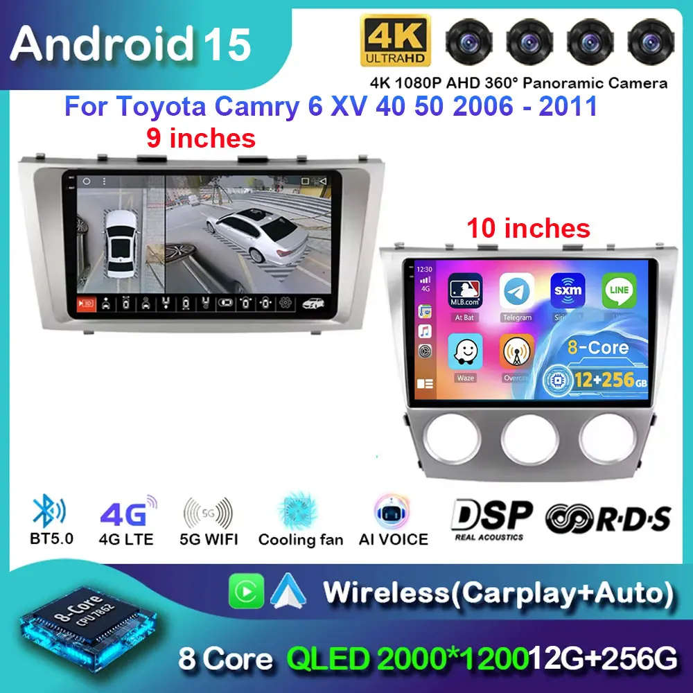 Para Toyota Camry 6 XV 40 50 2006 - 2011 Carplay Auto 4G + WIFI GPS Radio de coche navegación reproductor de vídeo Multimedia estéreo Android 15