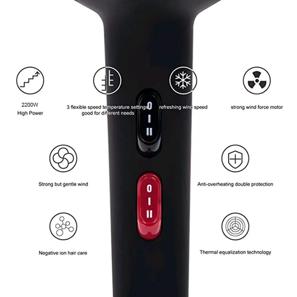 Pengering rambut Salon ionik profesional, 2200W Motor AC kuat pengering tiup Ion pengering rambut tenang dengan 2 nosel konsentrator hitam/merah