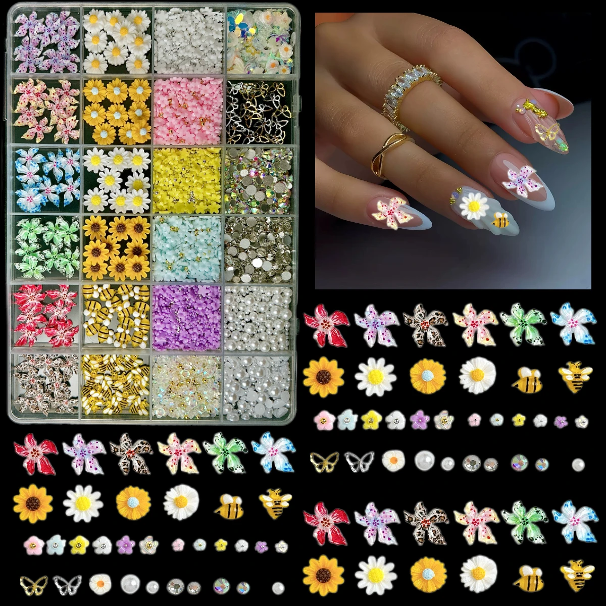 1 caja de dijes de resina para uñas con flores manchadas de colores degradados, Mini mariposa, vitalidad, naranja, girasol, abeja, decoraciones artísticas para uñas DIY