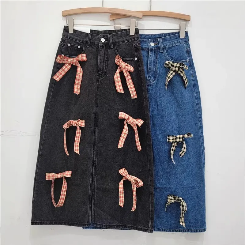 

High Waist Denim Skirt Spring Autumn New 3D Bow Decorative Sexy Split Slim-Fit Fashionable Elegant A-Line Midi Skirts Women