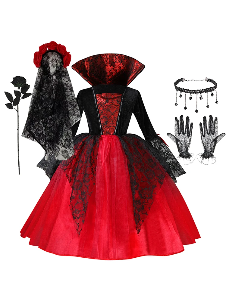 Strój wampira dla dziewczynki na Halloween, przebranie wampirzyczki dla dzieci, kostium panny młodej-ducha, wampirzycze stroje na karnawał, szkarłatne gotyckie ubrania. (Vampire Set B) — Zdjęcie 2 z 2