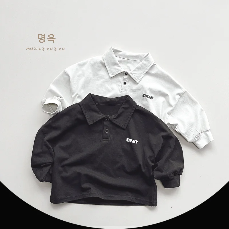 T-shirt Polo Shirt Long-sleeved Top Boys Grils Children Solid Simple All-matching Spring Autumn Soft Retro Soft Comfortable