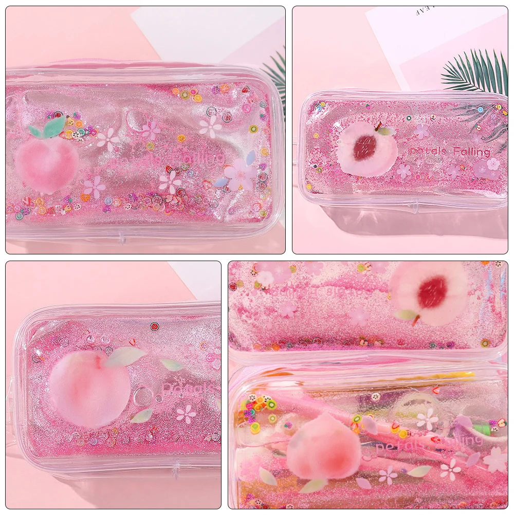 1Pcs Peach Pattern PVC Pen Bag Quicksand Shiny Pencil Case Portable Stationery Bag Travel Organizer Colorful Handle