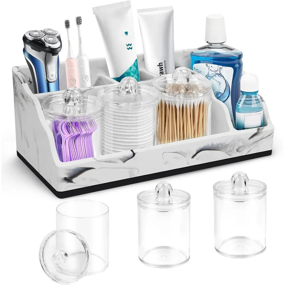 

Bathroom Organizer Countertop, White Marble Toothbrush Holders for Bathrooms with 3PCS Qtip Holder Dispenser, Toothbrush and
