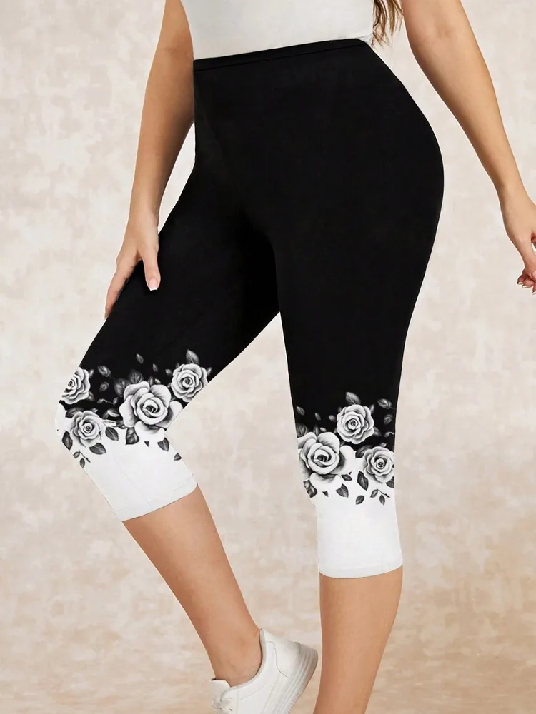 Spring/summer  flower print slim-fit elastic elastic waist tight casual capri leggings for women