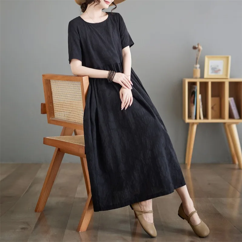 Rétro Floral Coton Lin Or Sve Dr Femmes Été Grande Taille Lâche Viande Couvrant Minceur Jupe Longue Coréenne Sle A-Line...