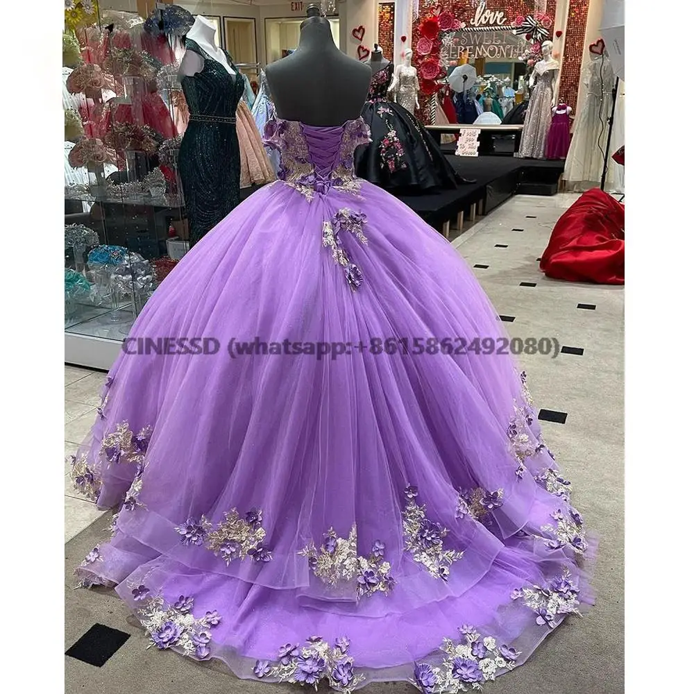 Лавандовая многоярусная юбка с открытыми плечами, платья для Quinceanera, бальное платье, кружевной корсет ручной работы с цветочной аппликацией для милых девушек 15