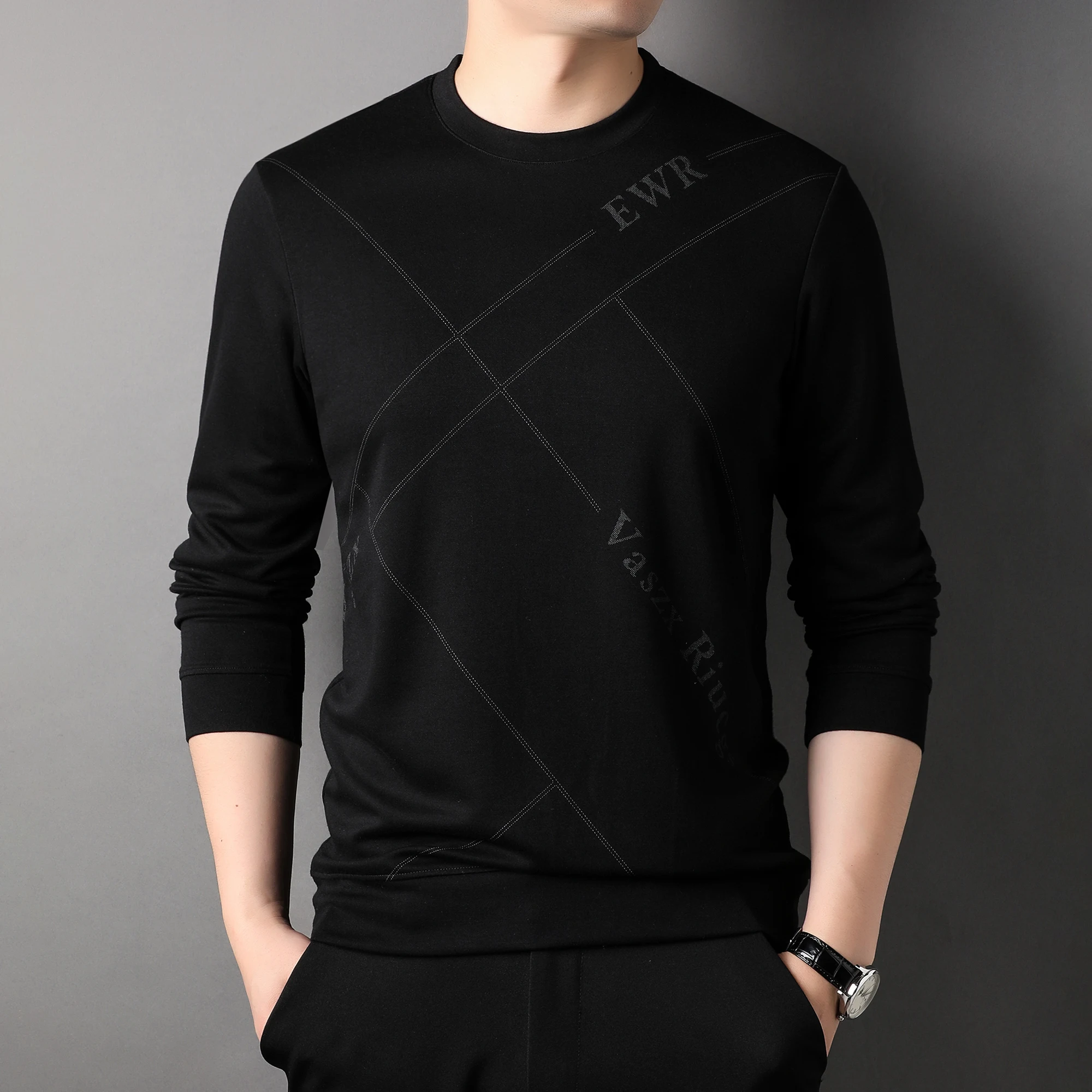 

COODRONY Winter Autumn New Men's Sweater Letter Printing Round Neck Fashion Loose Relaxed Long Sleeve T-shirt Top for Male L008