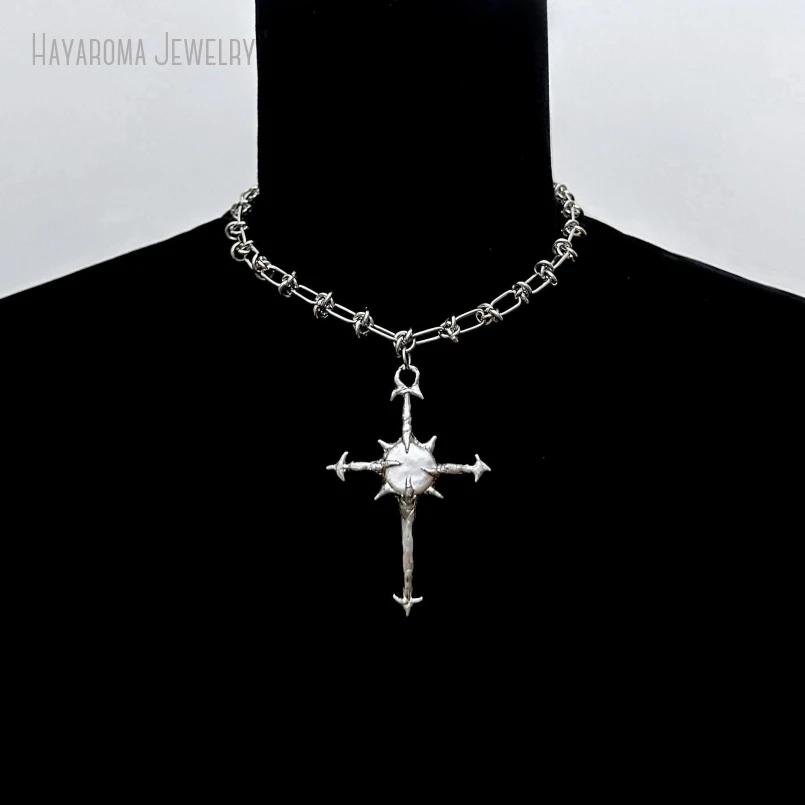 10Pcs Stainless Steel Silver Plated Barbed Wire Statement Punk Goth Edgy Pearl Cross Pendant Necklace