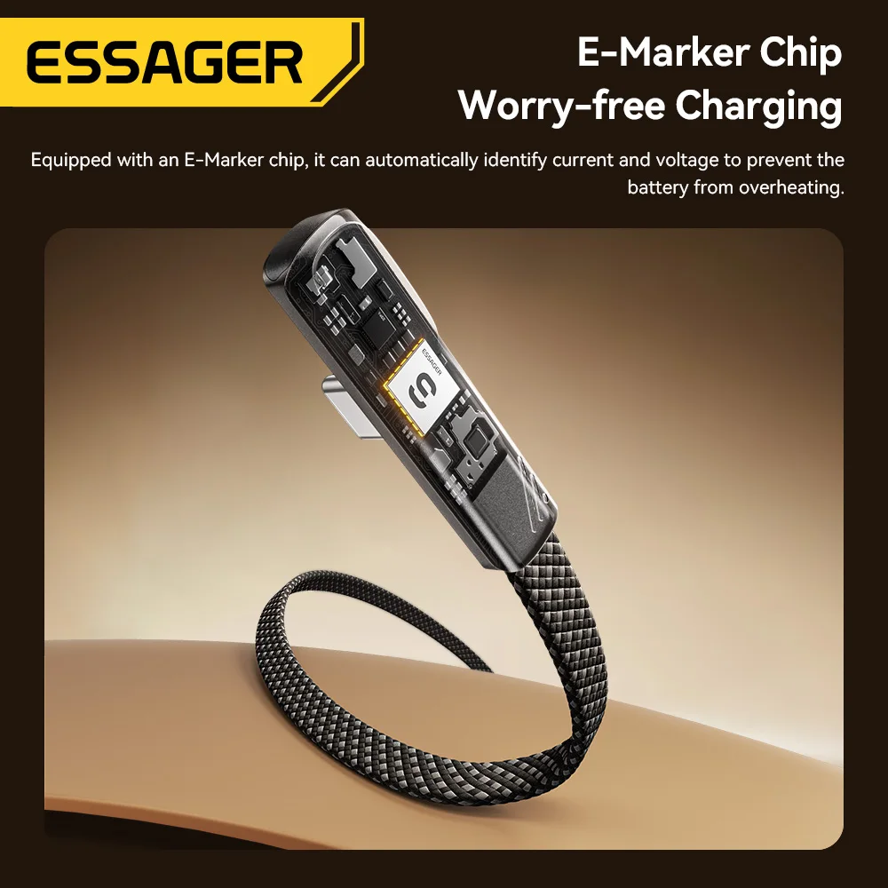 Kabel USB C Essager 240W z złączem kątowym, szybki kabel do ładowania z chipem E-Marker, cyfrowy wyświetlacz, kabel do transmisji danych do laptopów, iPhone'ów, Samsungów, Huawei. — zdjęcie produktu 5