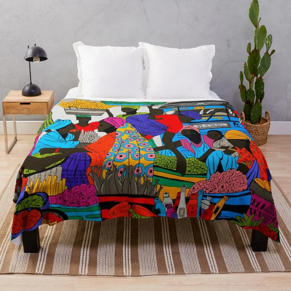 

African marketplace 2 Throw Blanket Multi Use Warm Blanket for Living Room Bedroom
