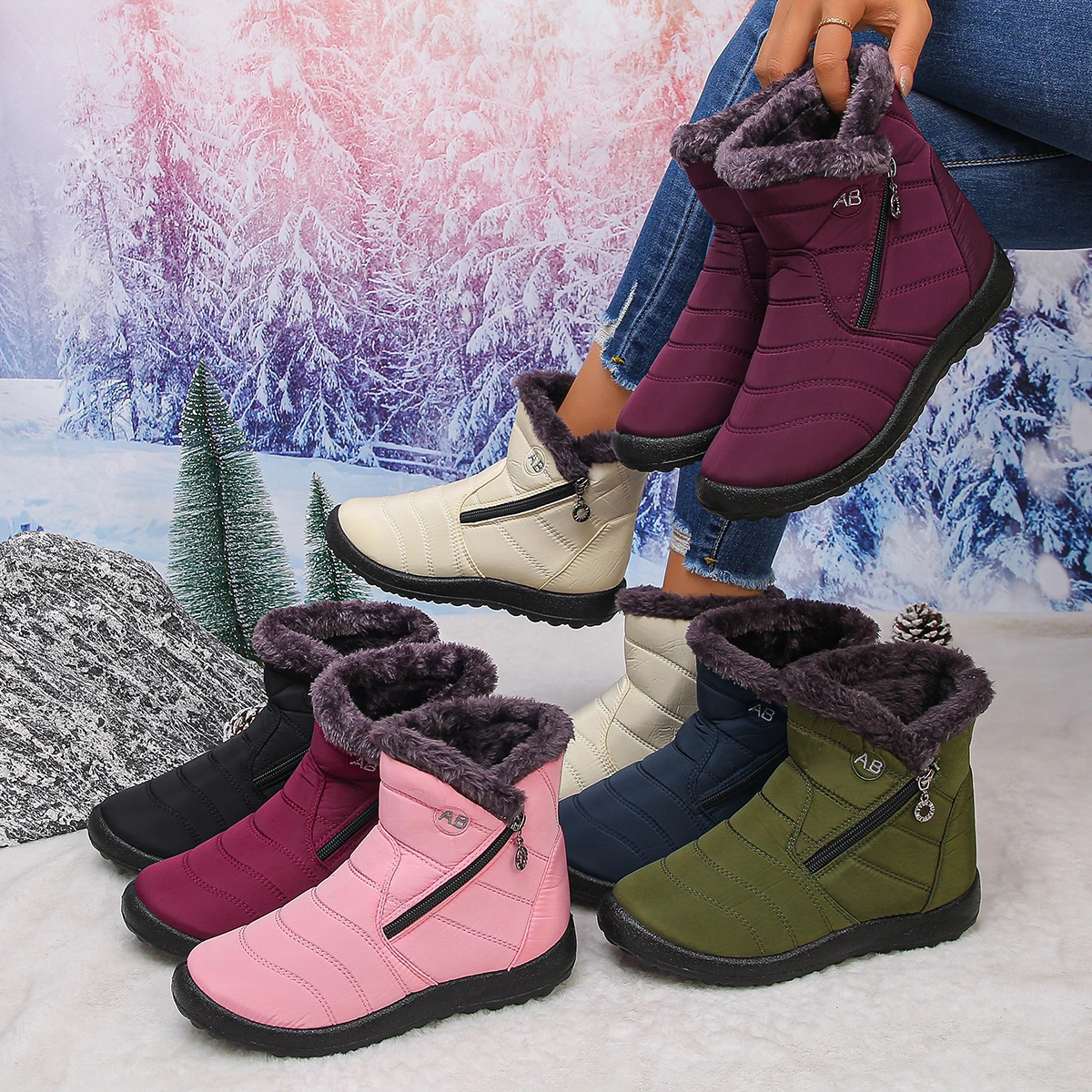 Winter Women Anti slip soft sole waterproof fabric Inside Plush Ankle Boots Fashion Side Zipper Outdoor comfortable Short boots